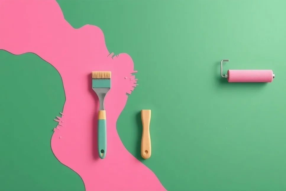 Outils de peinture disposés dans l'ordre des étapes du chantier