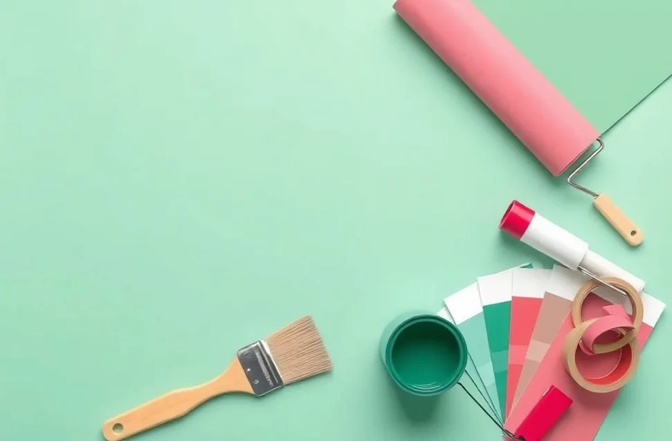 Pots de peinture, nuancier, brosses et rouleaux disposés à plat