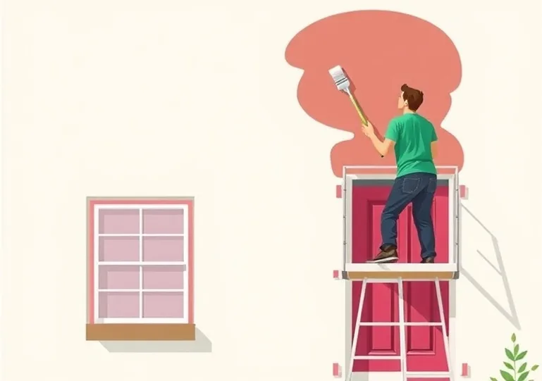 Peintre sur échafaudage traitant la façade d'une maison